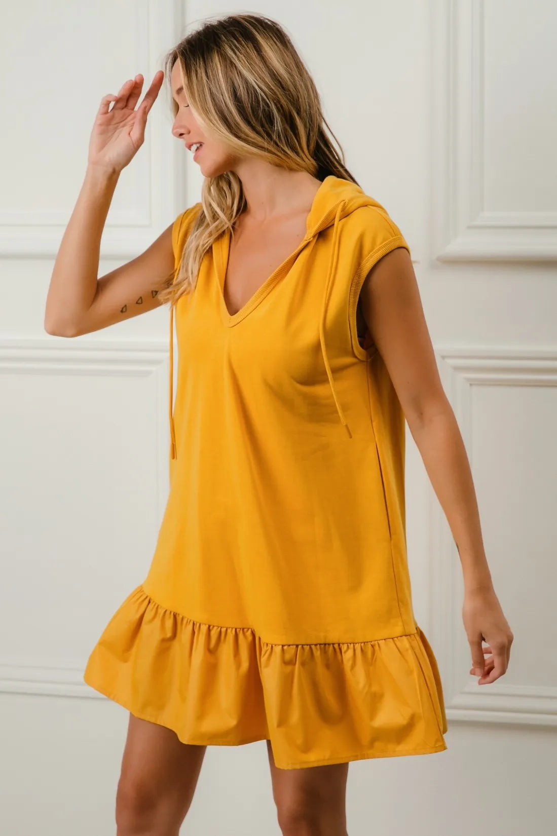 Post-Match Ruffled Hooded Dress in Mustard