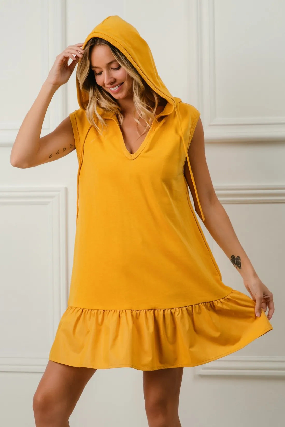 Post-Match Ruffled Hooded Dress in Mustard