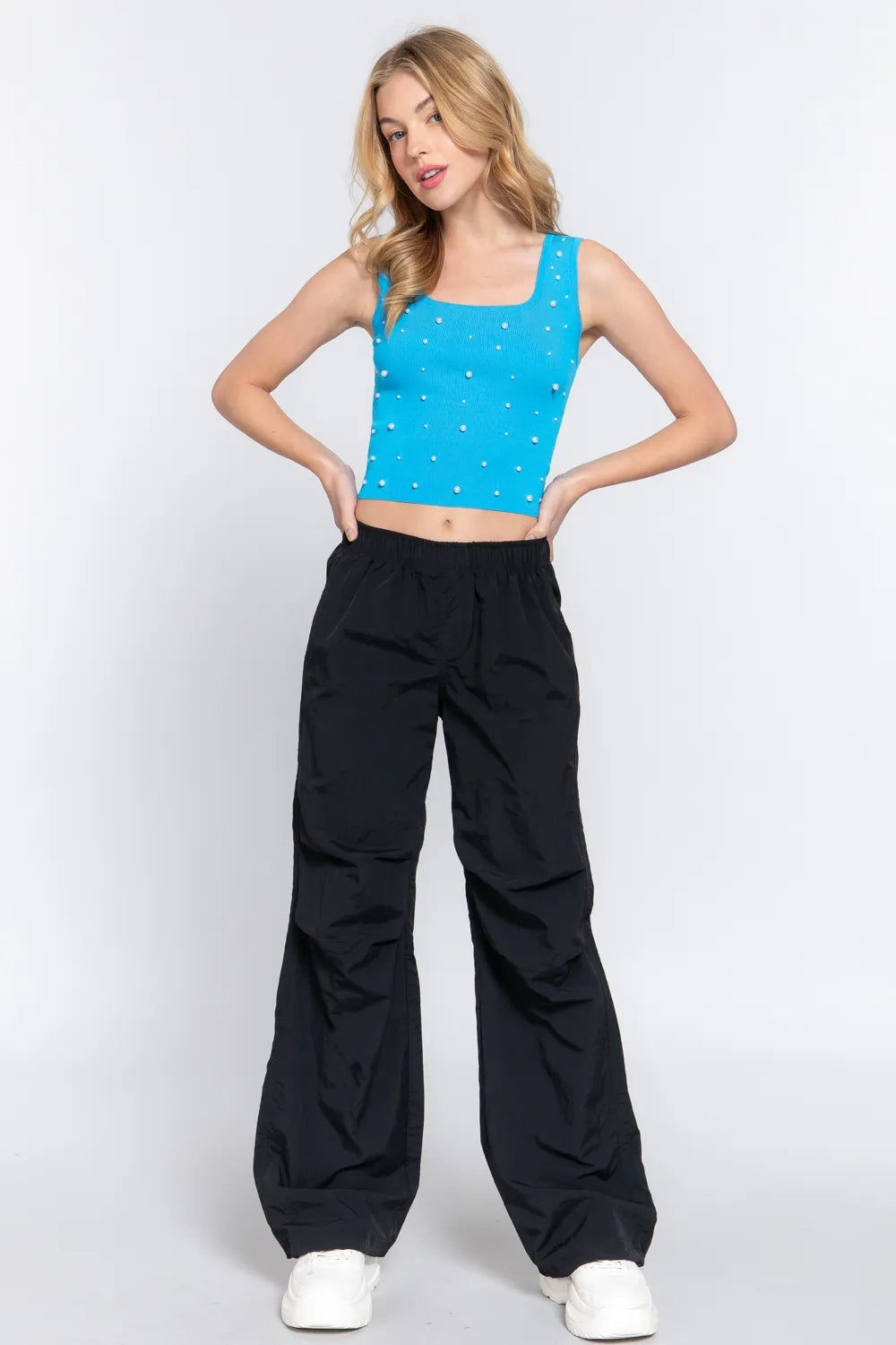 Pearl Point Square Neck Crop Tank Top in Aquablue