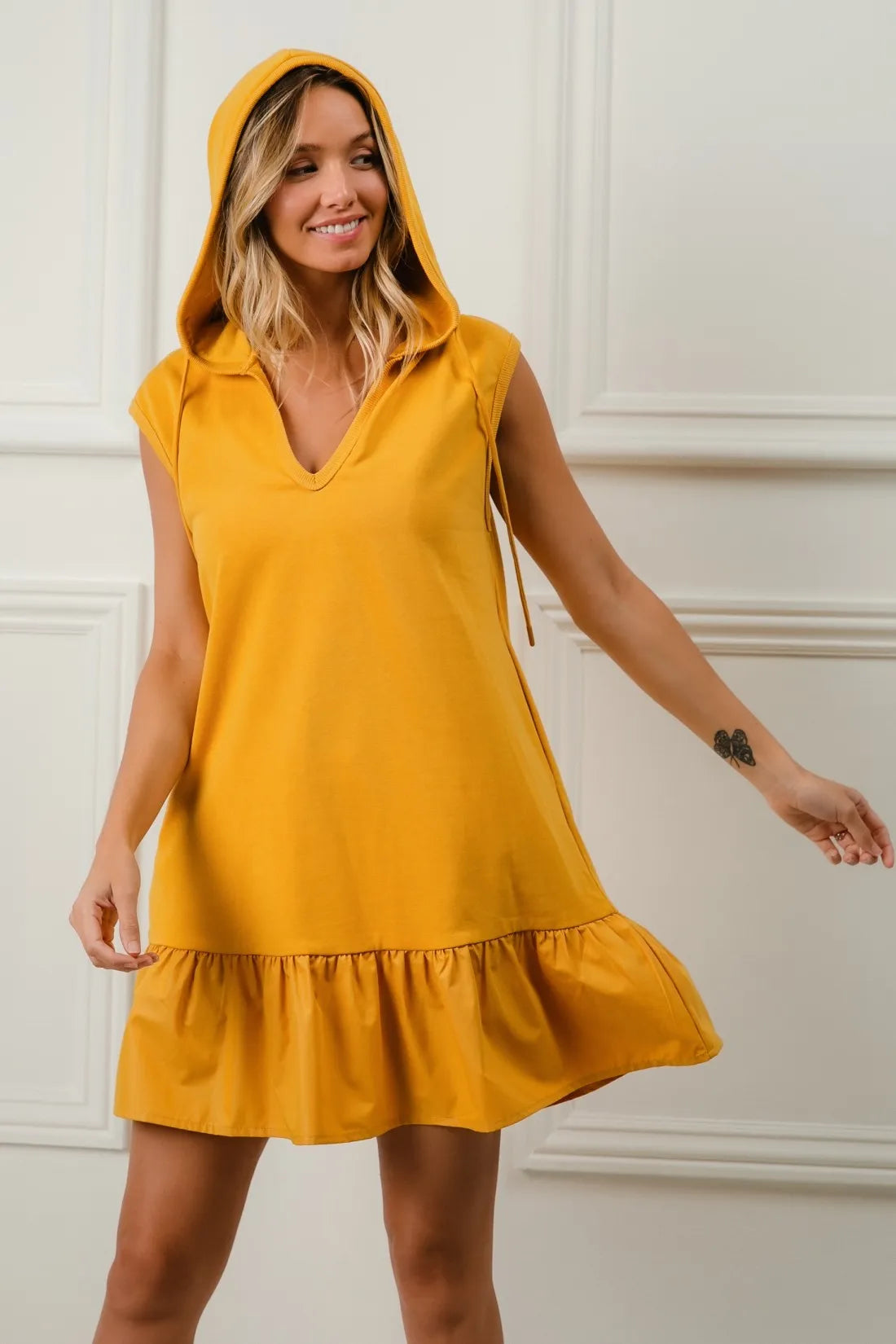 Post-Match Ruffled Hooded Dress in Mustard