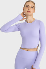 Side Slit Long Sleeve Round Neck Crop Pickleball Top