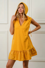 Post-Match Ruffled Hooded Dress in Mustard