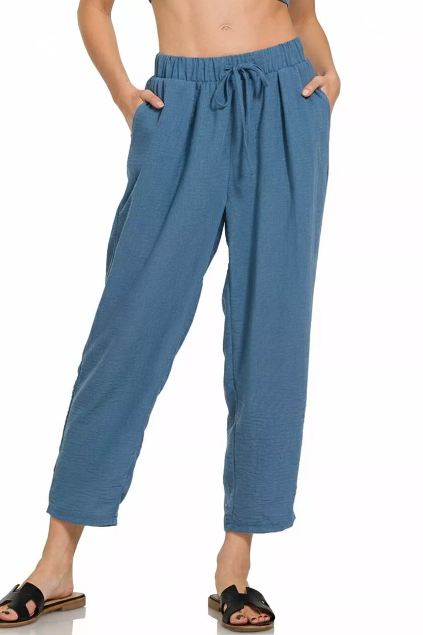 Clubhouse Crepe Drawstring Pants in Dusty Blue
