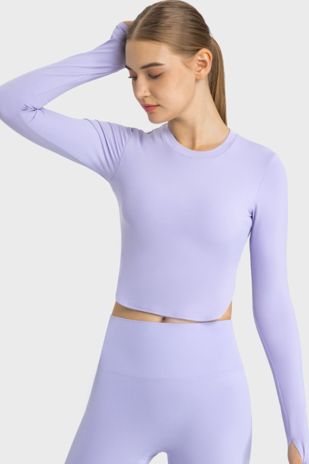 Side Slit Long Sleeve Round Neck Crop Pickleball Top