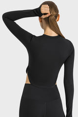 Side Slit Long Sleeve Round Neck Crop Pickleball Top