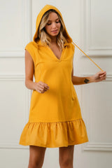 Post-Match Ruffled Hooded Dress in Mustard