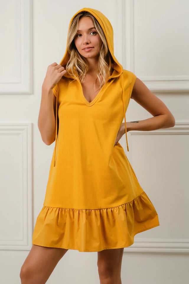Post-Match Ruffled Hooded Dress in Mustard