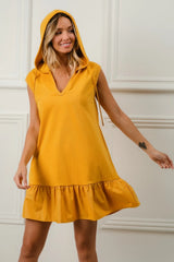 Post-Match Ruffled Hooded Dress in Mustard