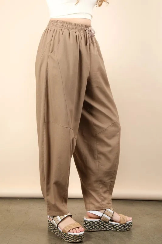 Off-Court Linen-Blend Barrel Pants in Mocha