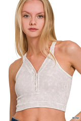 Button Up Ribbed V-Neck Tank Top in Bone
