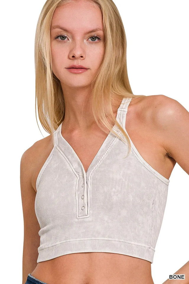 Button Up Ribbed V-Neck Tank Top in Bone